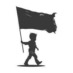Silhouette little boy ran while carrying a plain black flag