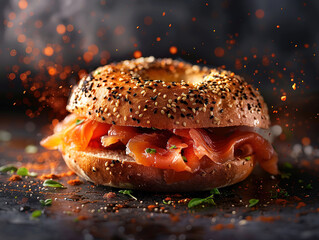 Top down view of Everything bagels with salmon lox, cream cheese and garnished with capers and sprouts. Delicious bagel and lox photography, explosion flavors - obrazy, fototapety, plakaty