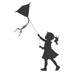 Silhouette little girl playing kite black color only