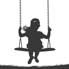 Silhouette little girl playing swing in the playground black color only
