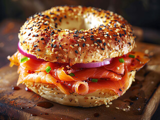 Top down view of Everything bagels with salmon lox, cream cheese and garnished with capers and sprouts. Delicious bagel and lox photography, explosion flavors - obrazy, fototapety, plakaty