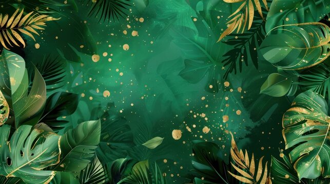Abstract tropical green and gold leaves background. AI generated image