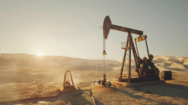 Golden hour gleams on an oil pump jack amidst the silent, stark desert.