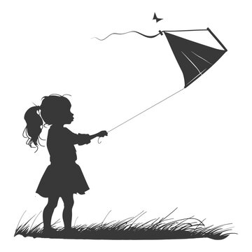 Silhouette little girl playing kite black color only