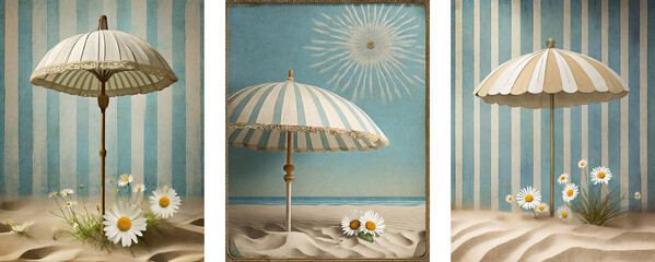 Set of vintage illustrations of parasol on sandy beach with small flowers meadow. The feeling of summer and vacation. - obrazy, fototapety, plakaty