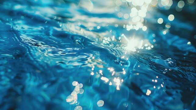 Blue blurry sea water with sunbeams in underwater view bokeh background. AI generated image