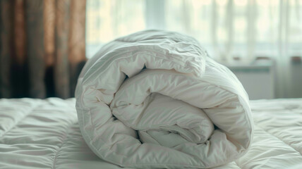 Fototapeta na wymiar A rolled-up white duvet on an unmade bed invokes a sense of morning calm and coziness.