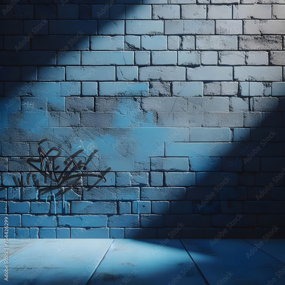 Poster abstract graffiti on a brick wall in blue tone. 3d rendering generative by ai
