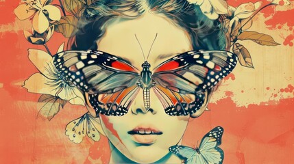 Illustration a woman with flying butterfly insect animal. AI generated image