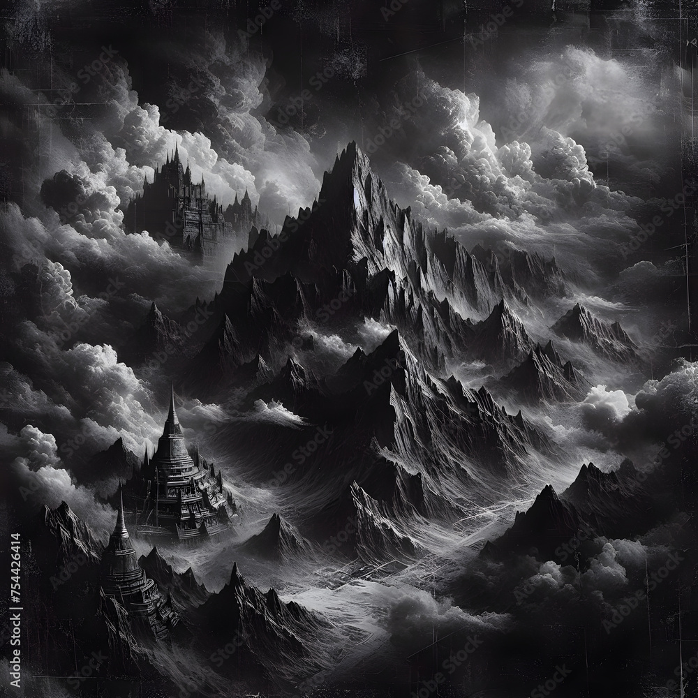Poster black and white abstract background with mountains and clouds. digital painting generative by ai