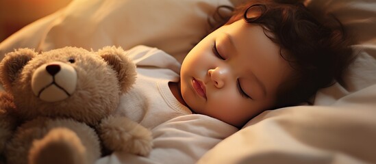 A young child is lying down in bed, next to a fluffy teddy bear, presumably sleeping peacefully. The image captures a quiet moment of comfort and companionship.