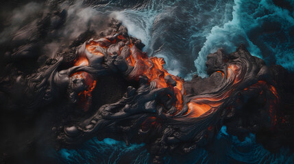 lava flowing out of a volcano by an aerial view - obrazy, fototapety, plakaty