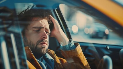 Young man sitting in his car very upset and stressed after hard failure and moving in traffic jam - obrazy, fototapety, plakaty