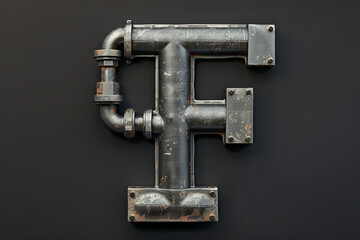 Uppercase letter F with industrial pipelines, steel or iron alphabet, factory style, metallic plumber abc 