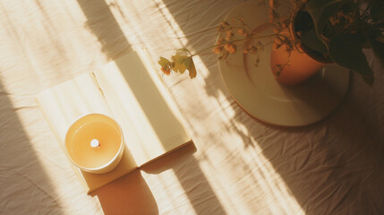 Photo of a cozy bedroom atmosphere with a vase, candle and notes. Morning relaxation and home comfort concept