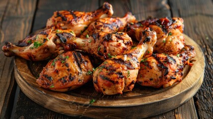 Hot grilled chicken on wooden plate. AI generated image
