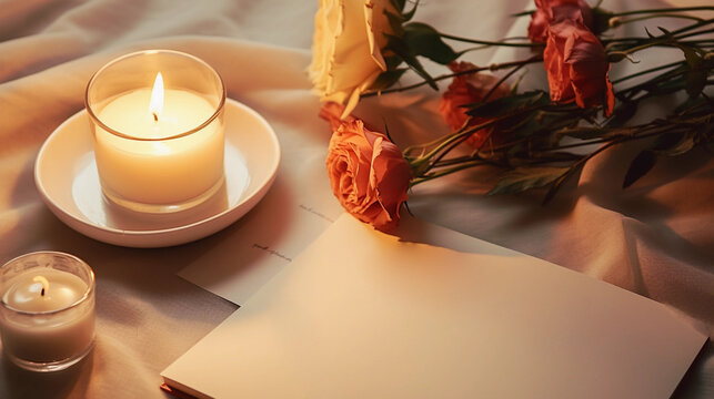 Photo of a cozy bedroom atmosphere with a roses, candle and notes. Morning relaxation and home comfort concept