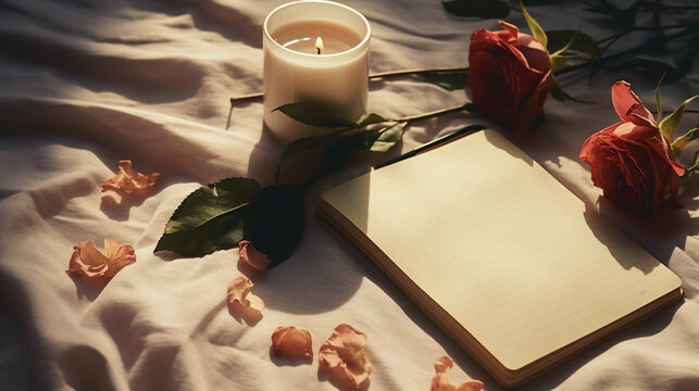 Photo of a cozy bedroom atmosphere with roses, candle and notes. Morning relaxation and home comfort concept