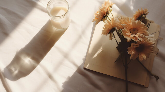 Photo of a cozy bedroom atmosphere with a flowers, candle and notes. Morning relaxation and home comfort concept