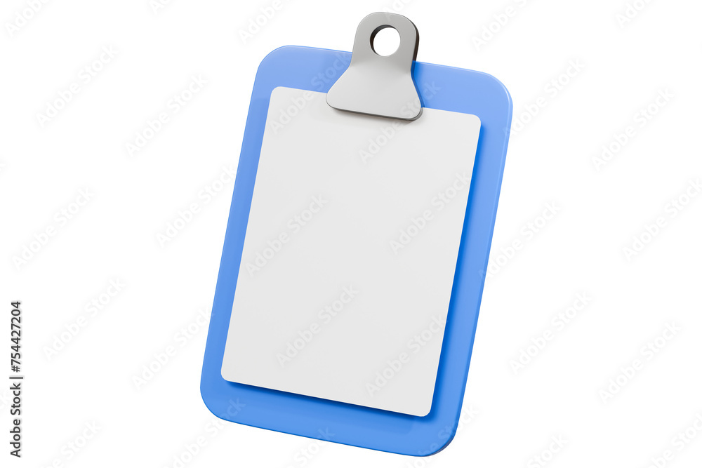 Poster 3d blue clipboard with blank paper notes icon symbol. document for notes, contracts, schedule, work 