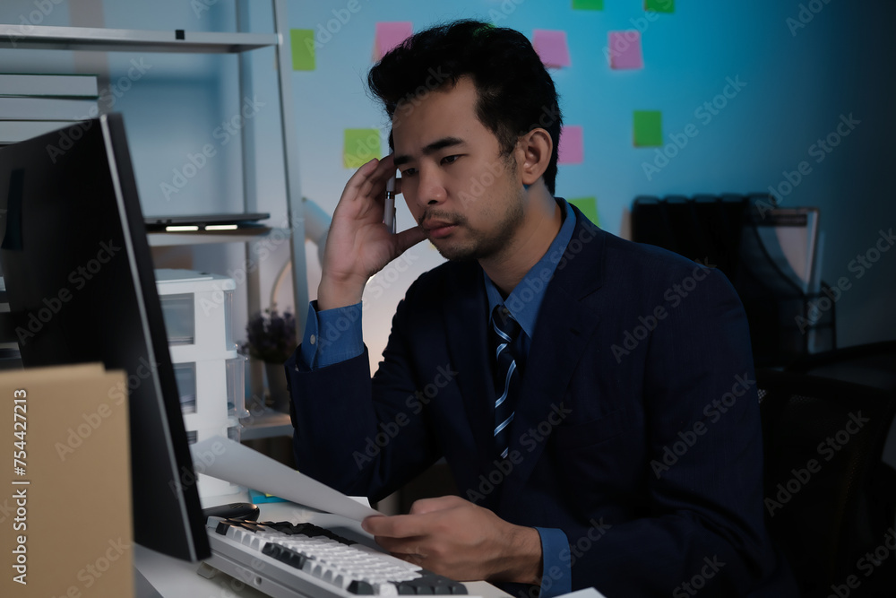 Poster A man in a suit is sitting at a computer with a piece of paper in front of him