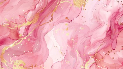 Pink watercolor fluid painting with dusty rose and golden marble frame abstract background.