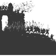 silhouette of a ancient war situation black color only