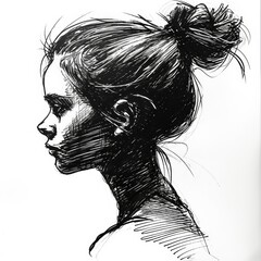 beautiful young girl female profile silhouette with bun hairstyle black ink sketch drawing
