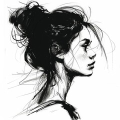 beautiful young woman female profile silhouette with bun hairstyle black ink sketch drawing