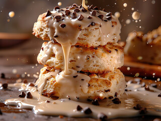 biscuits with sausage gravy. Delicious biscuits and gravy photography, explosion flavors, studio lighting, studio background, well-lit, vibrant colors, sharp-focus, high-quality, artistic, unique