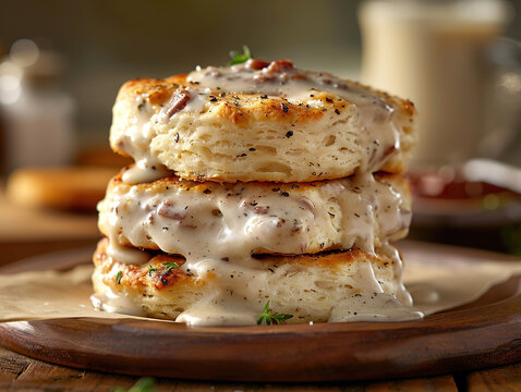 biscuits with sausage gravy. Delicious biscuits and gravy photography, explosion flavors, studio lighting, studio background, well-lit, vibrant colors, sharp-focus, high-quality, artistic, unique
