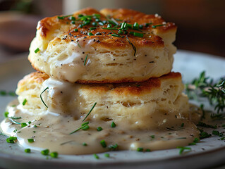 biscuits with sausage gravy. Delicious biscuits and gravy photography, explosion flavors, studio lighting, studio background, well-lit, vibrant colors, sharp-focus, high-quality, artistic, unique