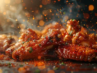 Foto auf Acrylglas Antireflex Delicious buffalo wings photography, explosion flavors, studio lighting, studio background, well-lit, vibrant colors, sharp-focus, high-quality, artistic, unique. Buffalo Hot Wings © Mister