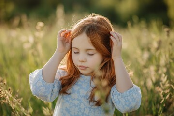 ginger girl with autism standing in the nature with her eyes closed and covers her ears in response to loud noises. Mental Health Concepts. Neurodiversity. World Autism Awareness Day. 2 April.