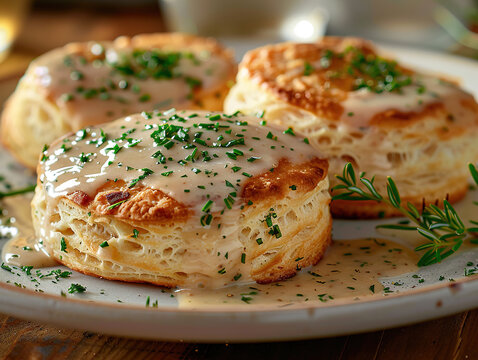 biscuits with sausage gravy. Delicious biscuits and gravy photography, explosion flavors, studio lighting, studio background, well-lit, vibrant colors, sharp-focus, high-quality, artistic, unique
