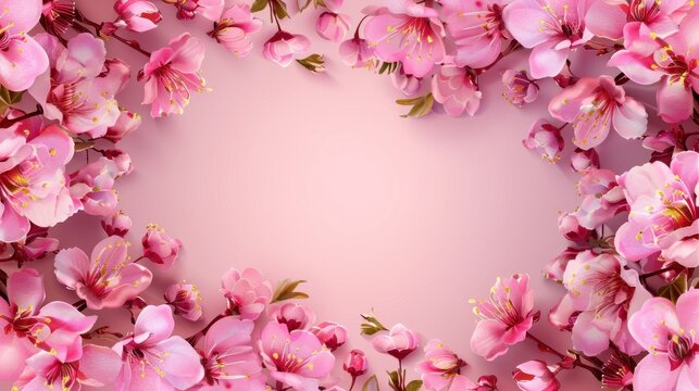 Beautiful pink cherry blossom flowers frame background. AI generated image