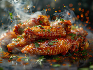 Delicious buffalo wings photography, explosion flavors, studio lighting, studio background, well-lit, vibrant colors, sharp-focus, high-quality, artistic, unique. Buffalo Hot Wings