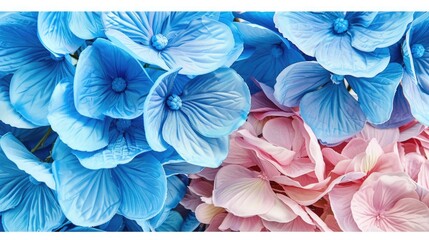 Beautiful blue and pink colorful hydrangea flowers as background, top view