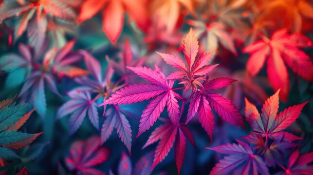Beautiful Cannabis leaves vibrant bright color Seasonal Background. AI generated image