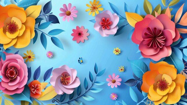 Beautiful paper cut summer flowers graphic design illustration. AI generated image