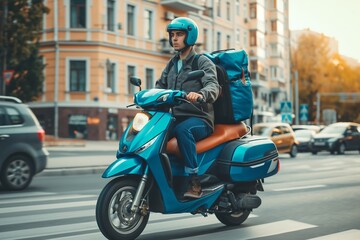 A male courier is riding a blue motorbike with a cube-shaped delivery bag, speeding along the city streets to find the delivery address