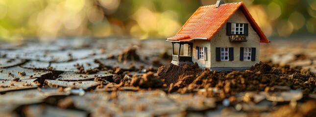 Miniature house model on cracked soil, under warm sunlight, depicting real estate instability or market vulnerability. - obrazy, fototapety, plakaty