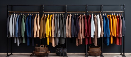 A row of coat shirts on a rack with a handbag placed in front of a black wall in a clothing shop interior. The rack and handbag stand out against the dark background.