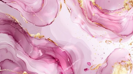 Pink watercolor fluid painting with dusty rose and golden marble frame abstract background.