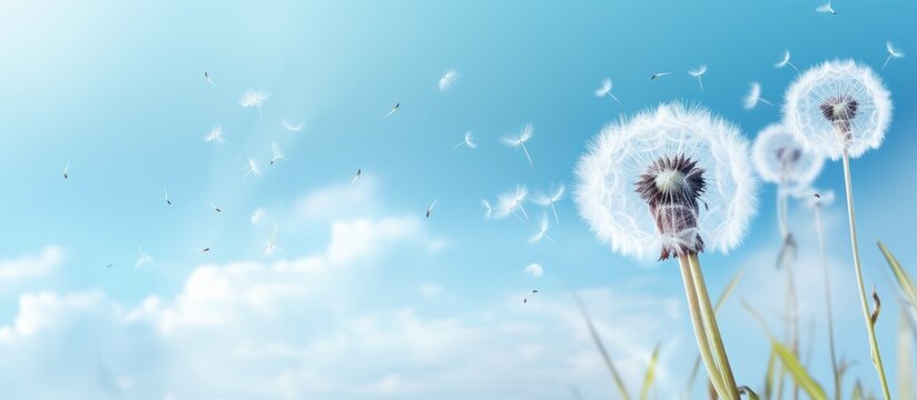 Fototapeta A painting showcasing a dandelion in the process of dispersing its seeds as it is blown by the wind. The delicate flower stands out against a pale organic background, with butterfly elements morphing