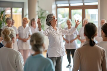 Fototapeta na wymiar A physiotherapist leads a group of seniors in healthy stretching exercises in a fitness class at the nursing home