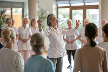 Obraz premium A physiotherapist leads a group of seniors in healthy stretching exercises in a fitness class at the nursing home