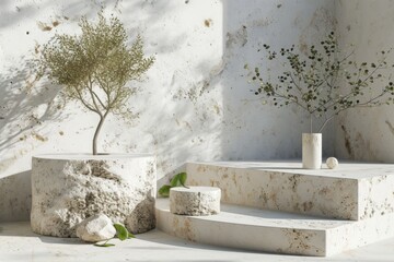 mineral concrete stone podium 3d rendering. pedestal with steps and minimal plants. Mediterranean eco aesthetic with sunlight for product and cosmetics photography.