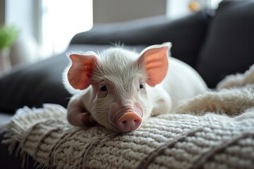 mini pig pet in scandinavian interior room on a bed,  couch or sofa  at home. Adorable piggy. 