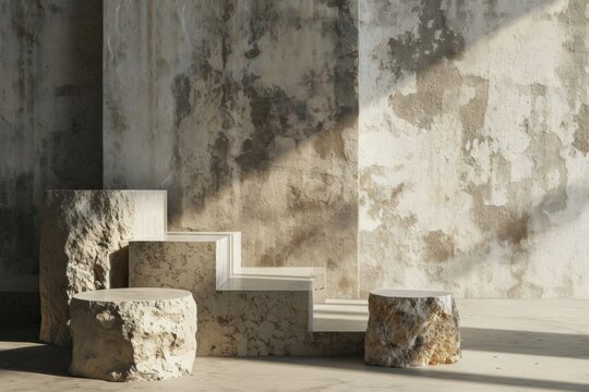 mineral concrete stone podium 3d rendering. Minimal pedestal with steps. Mediterranean grunge eco aesthetic with sunlight for product and cosmetics photography.